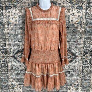 Tart Smocked Waist Mini Dress Size M Lace Ruffle Trim Long Sleeve Multicolor New